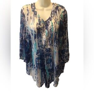 Soft Surroundings SILK Blue Water~Color Tunic Swim Cover ~Up Sz. 3X Beading